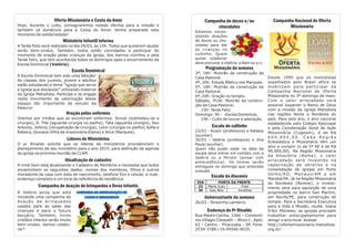 Campanha Nacional de Oferta
Missionária
Desde 1995 que os metodistas
espalhados pelo Brasil afora se
mobilizam para participar da
Campanha Nacional de Oferta
Missionária no 3º domingo de maio.
Com o valor arrecadado será
possível expandir o Reino de Deus
com a missão da Igreja Metodista
nas regiões Norte e Nordeste do
país. Para este ano, o alvo nacional
estabelecido pelo Colégio Episcopal
e pela Coordenação Geral de Ação
Missionária (Cogeam), é de R$
6 0 0 . 0 0 0 , 0 0 . C a d a R e g i ã o
Eclesiástica e Missionária têm um
alvo a cumprir (o da 5ª RE é de R$
90.000,00). Na Região Missionária
da Amazônia (Rema), o valor
arrecadado será investido na
capacitação de obreiros e na
consolidação de igrejas em Porto
Velho/RO, Manaus/AM e em
Marabá/PA. Já na Região Missionária
do Nordeste (Remne), o investi-
mento será para aquisição de uma
propriedade no bairro San Martim,
em Recife/PE, para construção do
templo. Para a Secretária Executiva
para a Vida e Missão, revda. Joana
D'Arc Meireles, as igrejas precisam
trabalhar antecipadamente para
atingir o alvo local. Acesse
http://ofertamissionaria.metodista.
org.br/
Campanha de doces e/ou
chocolates
Estamos neces-
sitando doações
de doces ou cho-
colates para dar
às crianças no
cultinho. Quem
quiser colaborar
deve procurar a Valéria, a Nani ou a Li.
Programação da semana
3ª, 18h: Mutirão da construção da
Casa Pastoral.
4ª, 20h: Estudo Bíblico nos Marques.
5ª, 18h: Mutirão da construção da
Casa Pastoral.
6ª, 20h: Oração no templo.
Sábado, 7h30: Mutirão da constru-
ção da Casa Pastoral.
15h: Tarde Feliz.
Domingo: 9h - Escola Dominical.
19h – Culto de louvor e adoração.
Escala do cultinho
23/03 - Roseli (professora) e Rafaela
(auxiliar).
30/03 - Valéria (professora) e Ana
Paula (auxiliar).
Quem não puder estar na data da
escala deve entrar em contato com a
Valéria ou a Miriam (avisar com
antecedência). Os temas serão
entregues no domingo que antecede
a escala.
Escala da diaconia
Aniversariante da semana
26/03 - Terezinha Lamatriz.
Endereço do Pr Rinaldo
Rua Madre Cecília, 1560 – Condomí-
nio Villagio Cleopath – Bloco I , Apto.
62 - Centro - Piracicaba - SP. Fone:
2534-3788 / 19-99546-9035.
Oferta Missionária e Cesta do Amor
Hoje, durante o culto, consagraremos nossas ofertas para a missão e
também os donativos para a Cesta do Amor. Venha preparado este
momento de solidariedade!
Ministério Infantil informa
A Tarde Feliz será realizado no dia 29/03, às 15h. Todos que quiserem ajudar
serão bem-vindos. Também, todos estão convidados a participar do
momento de oração pelas crianças da igreja, dos bairros vizinhos e pela
Tarde Feliz, que tem acontecido todos os domingos após o encerramento da
Escola Dominical (Valéria).
Escola Dominical
A Escola Dominical tem sido uma bênção!
As classes dos juvenis, jovens e adultos
estão estudando o tema “Igreja que serve
e Igreja que discipula!” utilizando material
da Igreja Metodista. Participe e se engaje
neste movimento de valorização desse
espaço tão importante de estudo da
Palavra!
Oração pelos enfermos
Oremos por irmãos que se encontram enfermos: Sinval (submeteu-se a
cirurgia), D. Tite (aguarda cirurgia no joelho), Táta (aguarda cirurgia), Seu
Antonio, Johnny (recuperação de cirurgia), Lenir (cirurgia no joelho) Sofia e
Rebeca, Giovana (filha da missionária Elaine) e Alice (Marques).
Líderes de Ministérios
O pr Rinaldo solicita que os líderes de ministérios providenciem o
planejamento de seu ministério para o ano 2014, para definição da agenda
da igreja na próxima reunião da CLAM.
Atualização de cadastro
A irmã Geni está atualizando o Cadastro de Membros e necessita que todos
encaminhem os seguintes dados: nomes dos membros, filhos e outros
moradores da casa com data de nascimento, telefone fixo e celular, e-mail,
endereço completo e um local de referência da residência.
Campanha de doação de brinquedos e livros infantis
A Valéria avisa que está
iniciando uma campanha de
doação de brinquedos
usados para as salas das
crianças e para o futuro
berçário. Também, livros
cristãos infantis serão muito
bem-vindos. Vamos colabo-
rar?
DIA PORTA DA FRENTE
23 Maria (Lia) Fred
30 Jose Reis Jonathas
 