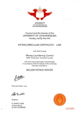 EXTRACURRICULAR CERTIFICATE - LAW - MONEY LAUNDERING CONTROL - NQF 7