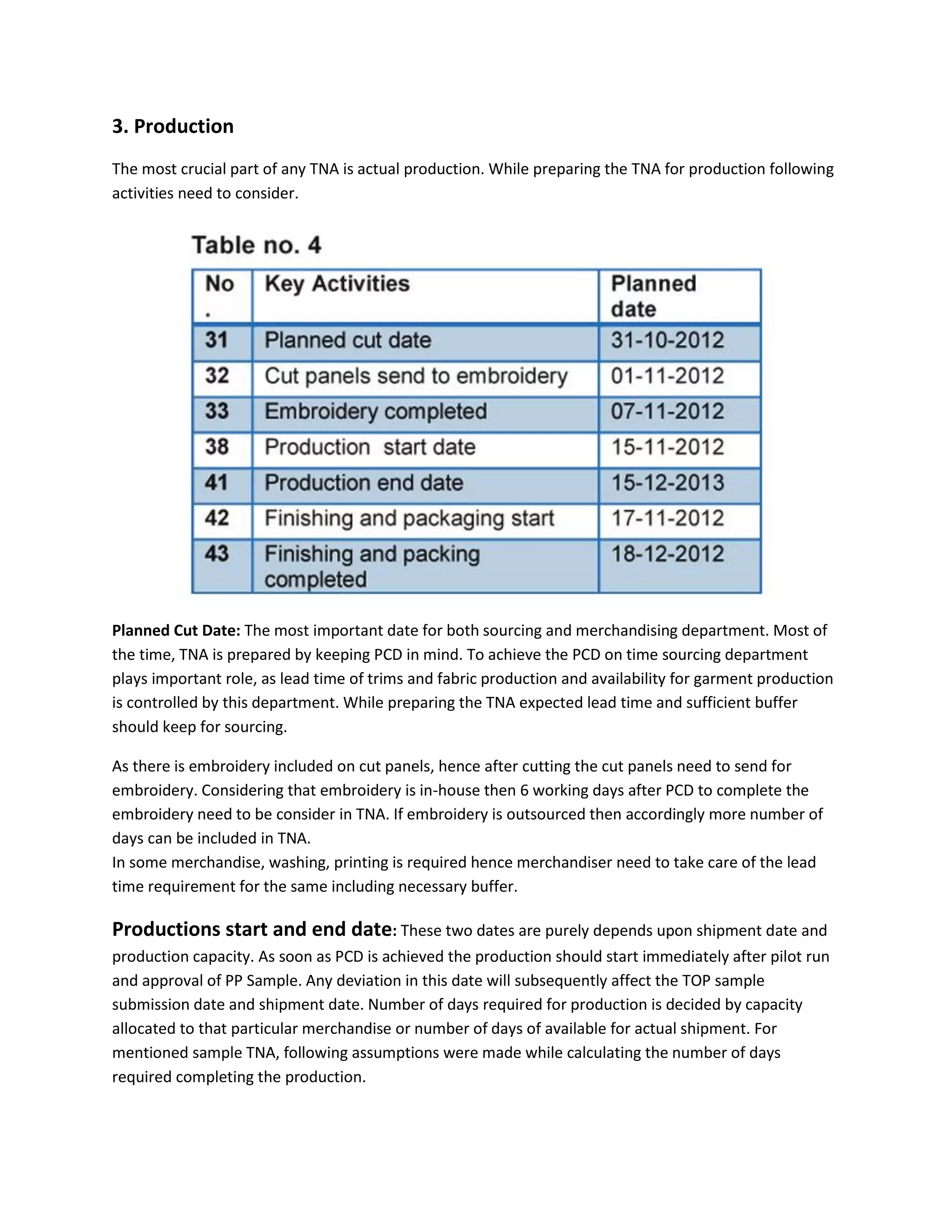 3. Production
The most crucial part of any TNA is actual production. While preparing the TNA for production following
activities need to consider.
Planned Cut Date: The most important date for both sourcing and merchandising department. Most of
the time, TNA is prepared by keeping PCD in mind. To achieve the PCD on time sourcing department
plays important role, as lead time of trims and fabric production and availability for garment production
is controlled by this department. While preparing the TNA expected lead time and sufficient buffer
should keep for sourcing.
As there is embroidery included on cut panels, hence after cutting the cut panels need to send for
embroidery. Considering that embroidery is in-house then 6 working days after PCD to complete the
embroidery need to be consider in TNA. If embroidery is outsourced then accordingly more number of
days can be included in TNA.
In some merchandise, washing, printing is required hence merchandiser need to take care of the lead
time requirement for the same including necessary buffer.
Productions start and end date: These two dates are purely depends upon shipment date and
production capacity. As soon as PCD is achieved the production should start immediately after pilot run
and approval of PP Sample. Any deviation in this date will subsequently affect the TOP sample
submission date and shipment date. Number of days required for production is decided by capacity
allocated to that particular merchandise or number of days of available for actual shipment. For
mentioned sample TNA, following assumptions were made while calculating the number of days
required completing the production.
 