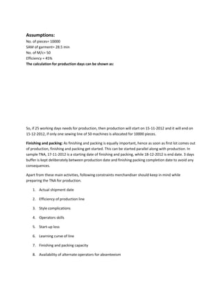 Assumptions:
No. of pieces= 10000
SAM of garment= 28.5 min
No. of M/c= 50
Efficiency = 45%
The calculation for production days can be shown as:
So, if 25 working days needs for production, then production will start on 15-11-2012 and it will end on
15-12-2012, if only one sewing line of 50 machines is allocated for 10000 pieces.
Finishing and packing: As finishing and packing is equally important, hence as soon as first lot comes out
of production, finishing and packing get started. This can be started parallel along with production. In
sample TNA, 17-11-2012 is a starting date of finishing and packing, while 18-12-2012 is end date. 3 days
buffer is kept deliberately between production date and finishing packing completion date to avoid any
consequences.
Apart from these main activities, following constraints merchandiser should keep in mind while
preparing the TNA for production.
1. Actual shipment date
2. Efficiency of production line
3. Style complications
4. Operators skills
5. Start-up loss
6. Learning curve of line
7. Finishing and packing capacity
8. Availability of alternate operators for absenteeism
 