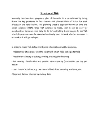 Structure of T&A
Normally merchandisers prepare a plan of the order in a spreadsheet by listing
down the key processes in first column and planned date of action for each
process in the next column. This planning sheet is popularly known as time and
action calendar (TNA). Once TNA calendar is made, then it can be easy for
merchandiser list down their daily 'to do list' and taking it one by one. As per TNA
schedule processes can be executed on timely basis to track whether an order is
on track or it will get delayed.
In order to make TNA below mentioned information must be available.
- Process flow of an order with the list of task which need to be performed
- Production capacity of cutting, sewing, washing and finishing
- For sewing - batch wise and product wise capacity (production per day per
batch)
- Lead time of activities, e.g. raw material lead time, sampling lead time, etc.
-Shipment date or planned ex-factory date
 