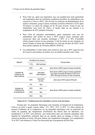 853. Essais sur les bétons de granulats légers
• Pour l’état sec, après une maturation sous eau pendant trois mois permettant
une hydratation dans les meilleures conditions possibles, les échantillons sont
conservés à l’étuve à 80°C, afin d’éviter les réactions de déshydratation de la
matrice cimentaire, jusqu’à masse constante (variation inférieure à 0,2% après
24 heures). La durée du séchage est de 20 jours environ. Avant le test, les
échantillons sont sortis de l’étuve et laissés dans un sac étanche à la
température de 20°C pendant 24 heures.
• Pour l’état de saturation intermédiaire, après maturation sous eau, les
échantillons sont séchés en étuve à 80°C jusqu’à masse constante puis
conservées dans une enceinte climatique à 20°C et à 50% d’humidité
relative jusqu’à teneur en eau constante. L’état de teneur en eau constante est
assuré lorsque la masse des échantillons ne varie pas de plus de 0,02% entre
deux pesées espacées de 24 heures [BIL03, HAN11].
• Les échantillons à l’état saturé sont conservés sous eau à 20°C jusqu’au jour
de l’essai et sont séchées en surface avec un chiffon mouillé avant l’essai.
Objectif
Conditions de mesure
Conservation
T (°C) Etat hydrique
Analyse de
l’influence de
l’état hydrique
20°C sec dans étuve à 80°C jusqu’à masse constante
20°C
saturation
intermédiaire
dans étuve à 80°C jusqu’à masse constante
puis dans enceinte climatique à 20°C et à
50% HR jusqu’à teneur en eau constante
20°C
saturation
en eau
dans eau à 20°C jusqu’à 90 jours
Analyse de
l’influence de
la température
5°C Sec
dans étuve à 80°C jusqu’à masse constante
20°C Sec
35°C Sec
50°C Sec
Tableau II-16 : Conditionnement des échantillons avant les essais thermiques
D’autre part les propriétés thermiques sont mesurées en fonction de la température.
Celle-ci est fixée à quatre valeurs cibles : 5°C, 20°C, 35°C et 50°C. Ce choix permet de
mesurer l’influence de la température sur les propriétés thermiques tout en respectant les
ordres de grandeur des températures d’utilisation des bétons dans les bâtiments. Les
températures 5 et 20°C sont obtenues par conservation dans une enceinte climatique dans
laquelle les échantillons, enfermés dans un sac étanche après un séchage à l’étuve, sont
conservés pendant au moins 24h pour obtenir une température homogène. Les températures
35 et 50°C sont obtenues à l’aide d’un four piloté par le programme du Hot Disk.
 