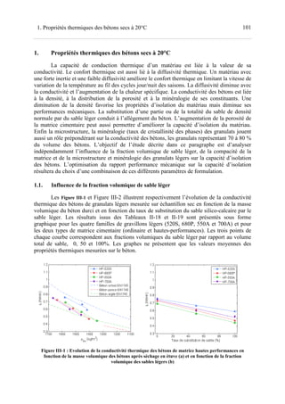 1011. Propriétés thermiques des bétons secs à 20°C
1. Propriétés thermiques des bétons secs à 20°C
La capacité de conduction thermique d’un matériau est liée à la valeur de sa
conductivité. Le confort thermique est aussi lié à la diffusivité thermique. Un matériau avec
une forte inertie et une faible diffusivité améliore le confort thermique en limitant la vitesse de
variation de la température au fil des cycles jour/nuit des saisons. La diffusivité diminue avec
la conductivité et l’augmentation de la chaleur spécifique. La conductivité des bétons est liée
à la densité, à la distribution de la porosité et à la minéralogie de ses constituants. Une
diminution de la densité favorise les propriétés d’isolation du matériau mais diminue ses
performances mécaniques. La substitution d’une partie ou de la totalité du sable de densité
normale par du sable léger conduit à l’allègement du béton. L’augmentation de la porosité de
la matrice cimentaire peut aussi permettre d’améliorer la capacité d’isolation du matériau.
Enfin la microstructure, la minéralogie (taux de cristallinité des phases) des granulats jouent
aussi un rôle prépondérant sur la conductivité des bétons, les granulats représentant 70 à 80 %
du volume des bétons. L’objectif de l’étude décrite dans ce paragraphe est d’analyser
indépendamment l’influence de la fraction volumique de sable léger, de la compacité de la
matrice et de la microstructure et minéralogie des granulats légers sur la capacité d’isolation
des bétons. L’optimisation du rapport performance mécanique sur la capacité d’isolation
résultera du choix d’une combinaison de ces différents paramètres de formulation.
1.1. Influence de la fraction volumique de sable léger
Les Figure III-1 et Figure III-2 illustrent respectivement l’évolution de la conductivité
thermique des bétons de granulats légers mesurée sur échantillon sec en fonction de la masse
volumique du béton durci et en fonction du taux de substitution du sable silico-calcaire par le
sable léger. Les résultats issus des Tableaux II-18 et II-19 sont présentés sous forme
graphique pour les quatre familles de gravillons légers (520S, 680P, 550A et 700A) et pour
les deux types de matrice cimentaire (ordinaire et hautes-performances). Les trois points de
chaque courbe correspondent aux fractions volumiques du sable léger par rapport au volume
total de sable, 0, 50 et 100%. Les graphes ne présentent que les valeurs moyennes des
propriétés thermiques mesurées sur le béton.
Figure III-1 : Evolution de la conductivité thermique des bétons de matrice hautes performances en
fonction de la masse volumique des bétons après séchage en étuve (a) et en fonction de la fraction
volumique des sables légers (b)
 