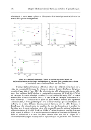 106 Chapitre III : Comportement thermique des bétons de granulats légers
minérales de la pierre ponce explique sa faible conductivité thermique même si elle contient
plus de silice que les autres granulats.
Figure III-7 : Rapports conductivité / densité (a), capacité thermique / densité (b),
diffusivité thermique / densité (c) des bétons composés de gravillons légers et de sable silico-calcaire
en fonction de la masse volumique réelle des gravillons légers
L’analyse de la substitution du sable silico-calcaire par différents sables légers sur la
valeur de conductivité thermique des bétons met aussi en évidence l’influence du type de
granulats (Figure III-1 et Figure III-2). La substitution du sable alluvionnaire par des sables
légers dans les bétons BMHP diminue la conductivité thermique de 0,1 W/mK à 0,11 W/mK
par 100 kg/m3
de masse volumique en moins. En ce qui concerne les bétons BMO, le taux de
diminution de la conductivité varie entre 0,1 et 0,16 W/mK par 100 kg/m3
de réduction de la
masse volumique. La conductivité du béton de ponce O-680P diminue plus rapidement
(diminution de 0,16 W/mK par 100 kg/m3
) avec la masse volumique que les autres bétons. On
n’observe pas la même différence de comportement thermique entre les sables de schiste et
d’argile que celle observée entre les gravillons. Le taux de diminution de la conductivité
thermique avec la masse volumique est en effet comparable pour les sables d’argiles et de
schiste (diminution de 0,1-0,11 W/mK par 100 kg/m3
). Contrairement au gravillon de schiste
520S, le sable de schiste 855S ne possède pas de coque externe ni de répartition bimodale des
pores. La distribution et la taille des pores semblent donc bien être à l’origine de la
conductivité thermique plus élevée (à densité équivalente) de ces gravillons. Pour les sables à
 
