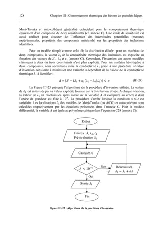 128 Chapitre III : Comportement thermique des bétons de granulats légers
Mori-Tanaka et auto-cohérent généralisé coïncident pour le comportement thermique
équivalent d’un composite de deux constituants (cf. annexe C). Une étude de sensibilité est
aussi réalisée pour discuter de l’influence des incertitudes potentielles (mesures
expérimentales, propriétés des composants matriciels) sur les propriétés des inclusions
identifiées.
Pour un modèle simple comme celui de la distribution diluée pour un matériau de
deux composants, la valeur 7 de la conductivité thermique des inclusions est explicite en
fonction des valeurs de ∗
, 	 A et 7 (annexe C). Cependant, l’inversion des autres modèles
classiques à deux ou trois constituants n’est plus explicite. Pour un matériau hétérogène à
deux composants, nous identifions alors la conductivité 7 grâce à une procédure itérative
d’inversion consistant à minimiser une variable ^ dépendant de la valeur de la conductivité
thermique 7 à identifier :
^ | ∗ U A ! 7U 7 AVE7V| < 	` (III-24)
La Figure III-23 présente l’algorithme de la procédure d’inversion utilisée. La valeur
de 7 est initialisée par sa valeur explicite fournie par la distribution diluée. A chaque itération,
la valeur de 7 est réactualisée après calcul de la variable A et comparée au critère ` dont
l’ordre de grandeur est fixé à 10-6
. La procédure s’arrête lorsque la condition ^ < ` est
satisfaite. Les localisations E7 des modèles de Mori-Tanaka (ou ACG) et auto-cohérent sont
calculées respectivement par les équations présentées dans l’annexe C. Pour le modèle
différentiel, la variable A est égale au polynôme cubique dans l’équation C29 (annexe C).
Figure III-23 : Algorithme de la procédure d’inversion
Début
^ < 10ab
7 7 !
RéactualiserNon
Oui
Sortie 7
Calculer ^
Fin
Entrées : , A, 7
Pré-évaluation 7
 