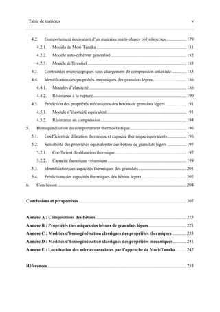 vTable de matières
4.2. Comportement équivalent d’un matériau multi-phases polydisperses .................. 179
4.2.1. Modèle de Mori-Tanaka ................................................................................. 181
4.2.2. Modèle auto-cohérent généralisé.................................................................... 182
4.2.3. Modèle différentiel ......................................................................................... 183
4.3. Contraintes microscopiques sous chargement de compression uniaxiale ............. 185
4.4. Identification des propriétés mécaniques des granulats légers.............................. 186
4.4.1. Modules d’élasticité........................................................................................ 186
4.4.2. Résistance à la rupture.................................................................................... 190
4.5. Prédiction des propriétés mécaniques des bétons de granulats légers................... 191
4.5.1. Module d’élasticité équivalent........................................................................ 191
4.5.2. Résistance en compression ............................................................................. 194
5. Homogénéisation du comportement thermoélastique................................................... 196
5.1. Coefficient de dilatation thermique et capacité thermique équivalents................. 196
5.2. Sensibilité des propriétés équivalentes des bétons de granulats légers ................. 197
5.2.1. Coefficient de dilatation thermique ................................................................ 197
5.2.2. Capacité thermique volumique....................................................................... 199
5.3. Identification des capacités thermiques des granulats........................................... 201
5.4. Prédictions des capacités thermiques des bétons légers ........................................ 202
6. Conclusion .................................................................................................................... 204
Conclusions et perspectives ................................................................................................. 207
Annexe A : Compositions des bétons.................................................................................. 215
Annexe B : Propriétés thermiques des bétons de granulats légers.................................. 221
Annexe C : Modèles d’homogénéisation classiques des propriétés thermiques............. 233
Annexe D : Modèles d’homogénéisation classiques des propriétés mécaniques ............ 241
Annexe E : Localisation des micro-contraintes par l’approche de Mori-Tanaka.......... 247
Références ............................................................................................................................. 253
 