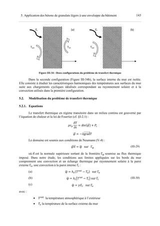 1435. Application des bétons de granulats légers à une enveloppe du bâtiment
Figure III-34 : Deux configurations du problème de transfert thermique
Dans la seconde configuration (Figure III-34b), la surface interne du mur est isolée.
Elle consiste à étudier les caractéristiques harmoniques des températures aux surfaces du mur
suite aux chargements cycliques idéalisés correspondant au rayonnement solaire et à la
convection utilisés dans la première configuration.
5.2. Modélisation du problème de transfert thermique
5.2.1. Equations
Le transfert thermique en régime transitoire dans un milieu continu est gouverné par
l’équation de chaleur et la loi de Fourrier (cf. §I-2.1) :
$
$%
divU V ! "#
grad
Le domaine est soumis aux conditions de Neumann (V-4) :
+ φ…			sur			Γˆ (III-29)
où + est la normale supérieure sortant de la frontière Γˆ soumise au flux thermique
imposé. Dans notre étude, les conditions aux limites appliquées sur les bords du mur
comprennent une convection et un échange thermique par rayonnement solaire à la paroi
externe Γf, une convection à la paroi interne Γi :
(a)
(b)
(c)
φ… ℎpU fgŠ
fV			sur	Γf
φ… ℎ#C i‹Š
iD sur	Γi
φ… Œ•|			sur	Γf
(III-30)
avec :
• fgŠ
la température atmosphérique à l’extérieur
• f la température de la surface externe du mur
Text
Er
Text
Er
Tint
(a) (b)
 