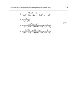 251Localisation des micro-contraintes par l’approche de Mori-Tanaka
(- =
15d= 1 − •=
d= 7 − 5•= + 2d- 4 − 5•=
×
1
>= + >-(-
h
)- =
1
>= + >-(-
h
)0 =
−3 '
v
d= − d-
2d= 7 − 5•= + 4d- 4 − 5•=
×
1
>= + >-(-
h
)u =
5 '
0
d= − d- 1 − 2•=
2d= 7 − 5•= + 4d- 4 − 5•=
×
1
>= + >-(-
h	
(E-16)
 