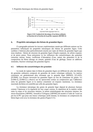 375. Propriétés thermiques des bétons de granulats légers
Figure I-10: Conductivité thermique d’un béton ordinaire
en fonction de la fraction de la perlite expansée [DEM03-2]
6. Propriétés mécaniques des bétons de granulats légers
Ce paragraphe présente les travaux expérimentaux menés par différents auteurs sur les
paramètres influençant les propriétés mécaniques des bétons de granulats légers. Cette
synthèse s’intéresse plus particulièrement ensuite aux types de bétons de granulats légers que
nous étudions : bétons de structure de granulats légers d'argile expansée, de schiste expansé,
et de pierre ponce. Nous présentons ici les influences des caractéristiques des granulats
(structure interne, forme, coefficient d’absorption d’eau, nature des granulats) et de la
composition du béton (dosage en ciment, quantité d’eau de gâchage, teneur en additions
minérales, fraction volumique des granulats légers).
6.1. Influence des caractéristiques des granulats
Le mode de rupture dans le béton de granulats légers est différent de celui des bétons
de granulats ordinaires composés de granulats de masse volumique ordinaire. La matrice
cimentaire est généralement plus résistante que le granulat léger [MIN03], [CLA93],
[EUR00]. Les fissures traversent les granulats légers au lieu de contourner les grains. Lo
[LO04-1], [LO04-2] a observé sur les éprouvettes testées en compression que l’adhérence
entre les granulats légers et la matrice cimentaire est toujours maintenue. La résistance
maximale du béton est contrôlée par celle des granulats légers.
La résistance mécanique des grains de granulat léger dépend de plusieurs facteurs
comme l’épaisseur et la régularité de leur coque externe, la répartition de la matière solide
entre la coque et les structures internes, la nature minéralogique des structures internes, les
micro-fissurations [ARN86]. Arnould et Virlogeux [ARN86] ont montré à l’aide de l’essai au
pot du LCPC que pour une masse volumique sèche donnée, la résistance en compression du
béton léger croit avec la résistance des grains (Figure I-11).
 