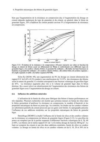 416. Propriétés mécaniques des bétons de granulats légers
bien que l'augmentation de la résistance en compression due à l'augmentation du dosage en
ciment dépende également du type de granulats et du ciment, en général, dans le béton de
granulats légers, 10% d'addition de ciment produit environ 5% d’augmentation de résistance
en compression.
Figure I-12 : Évolution de la résistance à la compression à 28 jours (mesurée sur cube) en fonction du
dosage en ciment de bétons ayant un affaissement de 50mm et confectionnés avec différents types de
granulats légers. (A) cendres volantes frittées et granulat fin ordinaire ; (B) laitier de haut fourneau en
boulettes et granulat fin ordinaire ; (C) cendres volantes frittées ; (D) schiste fritté; (E) ardoise expansée ;
(F) argile expansée et sable ; (G) laitier expansé [NEV00].
Selon Ke [KE08, 09], une augmentation de 8% du dosage en ciment (diminution du
rapport E/C de 0,45 à 0,35) conduit à une amélioration de 13-35% des résistances des bétons
selon la nature du granulat. Ce résultat correspond à une fraction volumique de gravillon léger
de 45%. La résistance augmente plus vite si le volume de granulat léger dans le béton
diminue. Ke a aussi relevé un ralentissement de l’augmentation des résistances des bétons de
granulats légers avec l’augmentation du dosage en ciment.
6.4. Influence des additions minérales
L’utilisation de la fumée de silice pour fabriquer des bétons à hautes performances est
très répandue. Plusieurs recherches ont montré que certaines teneurs en fumée de silice dans
le béton permettent d’améliorer la résistance en compression, le module d’élasticité et les
propriétés mécaniques du béton au jeune âge. Au contraire, les études sur les cendres volantes
en substitution partielle du ciment prouvent que ses gains sont limités. Ce paragraphe présente
l’influence de ces additions minérales sur les propriétés mécaniques du béton de granulat
léger.
Demirboga [DEM01] a étudié l’influence de la fumée de silice et des cendres volantes
sur la résistance en compression de bétons de granulats légers (Figure I-13). Le gravillon de
ponce est remplacé par de la perlite expansée à différentes fractions volumiques de 0, 20, 40
et 60%. Les bétons ont le même rapport E/C de 1 et le même dosage de liant de 200 kg/m3
. Le
liant est composé du ciment et une des deux additions minérales, fumée de silice ou cendres
volantes. Le dosage en fumée de silice ou en cendres volantes est de 0, 10, 20 et 30% de la
 