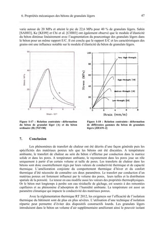 476. Propriétés mécaniques des bétons de granulats légers
varie autour de 20 MPa et atteint le pic de 22,6 MPa pour 40 % de granulats légers. Sahin
[SAH03], Ke [KE09] et Chi et al. [CHI03] ont également observé que le module d’élasticité
du béton diminue linéairement avec l’augmentation du pourcentage des granulats légers dans
le béton pour un même rapport E/C. Il est conclu que le rapport E/C et les caractéristiques des
grains ont une influence notable sur le module d’élasticité du béton de granulats légers.
Figure I-17 : Relation contrainte - déformation
du béton de granulat léger (A) et du béton
ordinaire (B) [NEV00]
Figure I-18 : Relation contrainte - déformation
de différentes gammes du béton de granulats
légers [ZHA91-2]
7. Conclusion
Les phénomènes de transfert de chaleur ont été décrits d’une façon générale puis les
spécificités des matériaux poreux tels que les bétons ont été discutées. A température
ambiante, le transfert de chaleur au sein du béton s’effectue par conduction dans la matrice
solide et dans les pores. A température ambiante, le rayonnement dans les pores joue un rôle
uniquement à partir d’un certain volume et taille de pores. Les transferts de chaleur dans les
bétons sont donc essentiellement régis par leurs valeurs de conductivité thermique et de capacité
thermique. L’amélioration conjointe du comportement thermique d’hiver et du confort
thermique d’été nécessite de connaître ces deux paramètres. Le transfert par conduction d’un
matériau poreux est fortement influencé par le volume des pores, leurs tailles et la distribution
spatiale de la porosité. La teneur en eau modifie aussi les valeurs des propriétés thermophysiques.
Or le béton met longtemps à perdre son eau résiduelle de gâchage, est soumis à des remontées
capillaires et au phénomène d’adsorption de l’humidité ambiante. La température est aussi un
paramètre climatique qui impacte la conductivité des matériaux poreux.
Avec la réglementation thermique RT 2012, les exigences sur l’efficacité de l’isolation
thermique du bâtiment sont de plus en plus sévères. L’utilisation d’une technique d’isolation
répartie peut permettre d’éviter des dispositifs constructifs lourds. Les granulats légers
introduisent dans le béton un volume d’air supplémentaire améliorant ainsi le pouvoir isolant
 