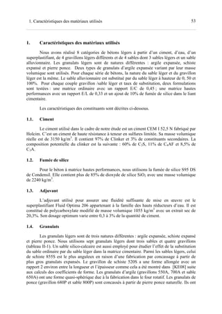 531. Caractéristiques des matériaux utilisés
1. Caractéristiques des matériaux utilisés
Nous avons réalisé 8 catégories de bétons légers à partir d’un ciment, d’eau, d’un
superplastifiant, de 4 gravillons légers différents et de 4 sables dont 3 sables légers et un sable
alluvionnaire. Les granulats légers sont de natures différentes : argile expansée, schiste
expansé et pierre ponce. Deux types de granulats d’argile expansée variant par leur masse
volumique sont utilisés. Pour chaque série de bétons, la nature du sable léger et du gravillon
léger est la même. Le sable alluvionnaire est substitué par du sable léger à hauteur de 0, 50 et
100%. Pour chaque couple gravillon /sable léger et taux de substitution, deux formulations
sont testées : une matrice ordinaire avec un rapport E/C de 0,45 ; une matrice hautes
performances avec un rapport E/L de 0,33 et un ajout de 10% de fumée de silice dans le liant
cimentaire.
Les caractéristiques des constituants sont décrites ci-dessous.
1.1. Ciment
Le ciment utilisé dans le cadre de notre étude est un ciment CEM I 52,5 N fabriqué par
Holcim. C’est un ciment de haute résistance à teneur en sulfures limitée. Sa masse volumique
réelle est de 3150 kg/m3
. Il contient 97% de Clinker et 3% de constituants secondaires. La
composition potentielle du clinker est la suivante : 60% de C3S, 11% de C4AF et 8,5% de
C3A.
1.2. Fumée de silice
Pour le béton à matrice hautes performances, nous utilisons la fumée de silice S95 DS
de Condensil. Elle contient plus de 85% de dioxyde de silice SiO2 avec une masse volumique
de 2240 kg/m3
.
1.3. Adjuvant
L’adjuvant utilisé pour assurer une fluidité suffisante de mise en œuvre est le
superplastifiant Fluid Optima 206 appartenant à la famille des hauts réducteurs d’eau. Il est
constitué de polycarboxylate modifié de masse volumique 1055 kg/m3
avec un extrait sec de
20,3%. Son dosage optimum varie entre 0,3 à 3% de la quantité de ciment.
1.4. Granulats
Les granulats légers sont de trois natures différentes : argile expansée, schiste expansé
et pierre ponce. Nous utilisons sept granulats légers dont trois sables et quatre gravillons
(tableau II-1). Un sable silico-calcaire est aussi employé pour étudier l’effet de la substitution
du sable ordinaire par du sable léger dans la matrice cimentaire. Parmi les sables légers, celui
de schiste 855S est le plus anguleux en raison d’une fabrication par concassage à partir de
plus gros granulats expansés. Le gravillon de schiste 520S a une forme allongée avec un
rapport 2 environ entre la longueur et l’épaisseur comme cela a été montré dans [KE08] suite
aux calculs des coefficients de forme. Les granulats d’argile (gravillons 550A, 700A et sable
650A) ont une forme quasi-sphérique due à la fabrication dans le four rotatif. Les granulats de
ponce (gravillon 680P et sable 800P) sont concassés à partir de pierre ponce naturelle. Ils ont
 