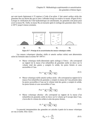 60
Chapitre II : Méthodologie expérimentale et caractérisation
des granulats et bétons légers
qui sont tassés légèrement à 25 reprises à l’aide d’un pilon. L’état saturé surface sèche des
granulats fins est atteint dès que le cône s’effondre lorsqu’on soulève le moule. (Figure II-6c).
Lorsque la vérification de l’état hydrométrique est satisfaisante, les granulats sont pesés pour
avoir la masse M1. Enfin, la masse M4 est mesurée après le séchage des granulats dans l’étuve
à 105°C jusqu’à masse constante.
M1 M2 M3 M4
Figure II-7 : Principe de la caractérisation des masses volumiques réelles
Les masses volumiques (absolue, réelle et saturée surface sèche) sont déterminées
selon les formules dans la norme NF 1097-6 :
• Masse volumique réelle déterminée après séchage à l’étuve : elle correspond
au rapport de la masse d’un échantillon de granulats séché en étuve sur le
volume total des grains y compris le solide, les pores fermés et ceux
accessibles à l’eau.
=
− −
(II-2)
• Masse volumique réelle saturée surface sèche : elle correspond au rapport de la
masse d’un échantillon de granulats y compris la masse de l’eau présente dans
les pores accessibles à l’eau sur le volume total des grains y compris le solide,
les pores fermés et ceux accessibles à l’eau.
=
− −
(II-3)
• Masse volumique absolue : elle correspond au rapport de la masse d’un
échantillon de granulats séché en étuve sur le volume qu’il occupe dans l’eau,
c'est-à-dire le volume du solide et celui des pores fermés.
=
− −
(II-4)
La porosité intergranulaire des granulats est calculée à partir de la masse volumique
en vrac et réelle. Elle s’écrit :
= 1 − (II-5)
 