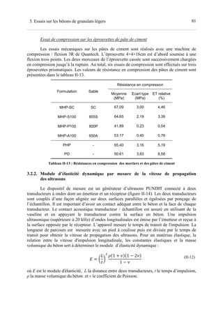 813. Essais sur les bétons de granulats légers
Essai de compression sur les éprouvettes de pâte de ciment
Les essais mécaniques sur les pâtes de ciment sont réalisés avec une machine de
compression / flexion 3R de Quantech. L’éprouvette 4×4×16cm est d’abord soumise à une
flexion trois points. Les deux morceaux de l’éprouvette cassée sont successivement chargées
en compression jusqu’à la rupture. Au total, six essais de compression sont effectués sur trois
éprouvettes prismatiques. Les valeurs de résistance en compression des pâtes de ciment sont
présentées dans le tableau II-13.
Formulation Sable
Résistance en compression
Moyenne
(MPa)
Ecart type
(MPa)
ET relative
(%)
MHP-SC SC 67,09 3,00 4,46
MHP-S100 855S 64,65 2,19 3,39
MHP-P100 800P 41,89 0,23 0,54
MHP-A100 650A 53,17 0,40 0,76
PHP - 65,40 3,16 5,19
PO - 50,61 3,83 8,58
Tableau II-13 : Résistances en compression des mortiers et des pâtes de ciment
3.2.2. Module d’élasticité dynamique par mesure de la vitesse de propagation
des ultrasons
Le dispositif de mesure est un générateur d’ultrasons PUNDIT connecté à deux
transducteurs à ondes dont un émetteur et un récepteur (figure II-14). Les deux transducteurs
sont couplés d’une façon alignée sur deux surfaces parallèles et égalisées par ponçage de
l’échantillon. Il est important d’avoir un contact adéquat entre le béton et la face de chaque
transducteur. Le contact acoustique transducteur / échantillon est assuré en utilisant de la
vaseline et en appuyant le transducteur contre la surface en béton. Une impulsion
ultrasonique (supérieure à 20 kHz) d’ondes longitudinales est émise par l’émetteur et reçue à
la surface opposée par le récepteur. L’appareil mesure le temps de transit de l'impulsion. La
longueur de parcours est mesurée avec un pied à coulisse puis est divisée par le temps de
transit pour obtenir la vitesse de propagation des ultrasons. Pour un matériau élastique, la
relation entre la vitesse d'impulsion longitudinale, les constantes élastiques et la masse
volumique du béton sert à déterminer le module d’élasticité dynamique :
5 = 6
7
8
9
1 + ; 1 − 2;
1 − ;
(II-12)
où E est le module d'élasticité, L la distance entre deux transducteurs, t le temps d’impulsion,
ρ la masse volumique du béton et ν le coefficient de Poisson.
 