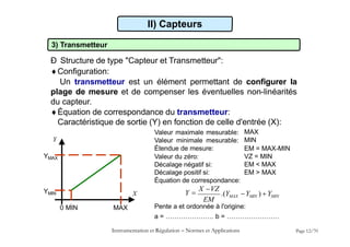 3) Transmetteur
Ð Structure de type "Capteur et Transmetteur":
Configuration:
Un transmetteur est un élément permettant de configurer la
plage de mesure et de compenser les éventuelles non-linéarités
du capteur.
Équation de correspondance du transmetteur:
Caractéristique de sortie (Y) en fonction de celle d'entrée (X):
II) Capteurs
Valeur maximale mesurable:
Valeur minimale mesurable:
Étendue de mesure:
Valeur du zéro:
Décalage négatif si:
Décalage positif si:
Équation de correspondance:
MAX
MIN
EM = MAX-MIN
VZ = MIN
EM < MAX
EM > MAX
Pente a et ordonnée à l'origine:
a = …………………. b = ……………………
.(Y Y
MAX MIN ) MIN
Y 
X VZ
Y
EM
Y
X
0 MIN
Instrumentation et Régulation  Normes et Applications Page 12/70
MAX
YMIN
YMAX
 