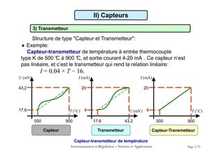 3) Transmetteur
Structure de type "Capteur et Transmetteur":
 Exemple:
Capteur-transmetteur de température à entrée thermocouple
type K de 500 °
C à 900 °
C, et sortie courant 4-20 mA . Ce capteur n’est
pas linéaire, et c’est le transmetteur qui rend la relation linéaire:
I = 0,04 × T − 16.
U (mV) I (mA) I (mA)
43,2 20 20
II) Capteurs
Capteur-transmetteur de température
T (°C)
500 900
17,6 U (mV)
17,6 43,2
4
Capteur Transmetteur
T (°C)
500 900
Capteur-Transmetteur
Instrumentation et Régulation  Normes et Applications Page 2/70
4
 