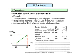 3) Transmetteur
Structure de type "Capteur et Transmetteur":
 Exemple:
Caractéristiques obtenues par deux réglages d’un transmetteur
de température d’échelle –100 °
C à 300 °
C délivrant un signal de
mesure normalisé 4-20 mA proportionnel à la température.
II) Capteurs
Décalage ……….. car : EM (…) …… MAX (...)
Équation de correspondance:
…………………………………………………………......
………………………………………………....................
I (mA)
20
T (°C)
4
………………………………………………....................
………………………………………………....................
………………………………………………....................
………………………………………………....................
0 20 80
Instrumentation et Régulation  Normes et Applications Page 36/70
Étendue d'échelle: EE = …. °
C
Valeur maximale
mesurable: Valeur minimale
mesurable: Étendue de
mesure:
MAX
MIN
EM
= …. °
C
= …. °
C
= …. °
C
Valeur du zéro: VZ = …. °
C
 