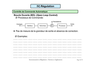 IV) Régulation
Contrôle de Commande Automatique
Boucle Ouverte (BO): (Open Loop Control):
Ø Processus de Commande:
Instrumentation et Régulation  Normes et Applications Page 18/70
 Pas de mesure de la grandeur de sortie et absence de correction.
Ø Exemples:
…… …… …… …… …… …… …… …… …… …… …… …… …… ……
…… …… …… …… …… …… …… …… …… …… …… …… …… ……
…… …… …… …… …… …… …… …… …… …… …… …… …… ……
…… …… …… …… …… …… …… …… …… …… …… …… …… ……
…… …… …… …… …… …… …… …… …… …… …… …… …… ……
…… …… …… …… …… …… …… …… …… …… …… …… …… ……
…… …… …… …… …… …… …… …… …… …… …… …… …… ……
…… …… …… …… …… …… …… …… …… …… …… …… …… ……
 