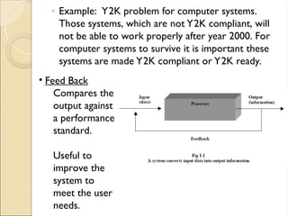◦ Example: Y2K problem for computer systems.
Those systems, which are not Y2K compliant, will
not be able to work properly after year 2000. For
computer systems to survive it is important these
systems are made Y2K compliant or Y2K ready.
• Feed Back
Compares the
output against
a performance
standard.
Useful to
improve the
system to
meet the user
needs.
 