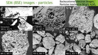 SEM (BSE) images - particles
25°C 36°C 52°C
63°C 79°C
96°C
Backscattered electron images.
Particles leached in 50 g/L H2SO4
Extraction:
34% U, 31% Ti 50% U, 46% Ti 75% U, 68% Ti
88% U, 80% Ti 95% U, 86% Ti 98% U, 82% Ti
 