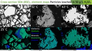Cross section SEM (BSE), element maps Particles leached in 50 g/L H2SO4
Elements:
Uranium,
Titanium
Minerals:
Brannerite,
Anatase
52°C 63°C
25°C
 