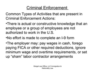 Criminal Enforcement
Common Types of Activities that are present in
Criminal Enforcement Actions:
•There is actual or constructive knowledge that an
employee or a group of employees are not
authorized to work in the U.S.
•No effort is made to complete an I-9 form
•The employer may: pay wages in cash, forego
paying FICA or other required deductions, ignore
minimum wage and overtime requirements, or set
up “sham” labor contractor arrangements
Weigel Law Office, LLC Immigration &
Nationality Law
 