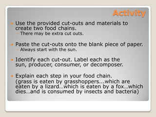 ActivityUse the provided cut-outs and materials to create two food chains. There may be extra cut outs.Paste the cut-outs onto the blank piece of paper.Always start with the sun.Identify each cut-out. Label each as the sun, producer, consumer, or decomposer.Explain each step in your food chain.	(grass is eaten by grasshoppers...which are eaten by a lizard…which is eaten by a fox…which dies…and is consumed by insects and bacteria)