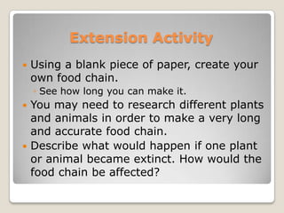 Extension ActivityUsing a blank piece of paper, create your own food chain. See how long you can make it.You may need to research different plants and animals in order to make a very long and accurate food chain. Describe what would happen if one plant or animal became extinct. How would the food chain be affected?
