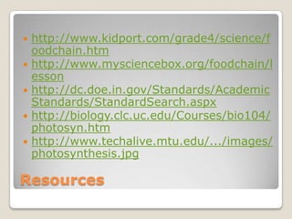http://www.kidport.com/grade4/science/foodchain.htmhttp://www.mysciencebox.org/foodchain/lessonhttp://dc.doe.in.gov/Standards/AcademicStandards/StandardSearch.aspxhttp://biology.clc.uc.edu/Courses/bio104/photosyn.htmhttp://www.techalive.mtu.edu/.../images/photosynthesis.jpgResources