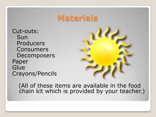 MaterialsCut-outs:	Sun	Producers 	Consumers	DecomposersPaperGlue Crayons/Pencils(All of these items are available in the food chain kit which is provided by your teacher.)