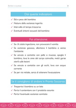 31Bambini e sicurezza
99 Età e peso del bambino
99 Natura della sostanza ingerita
99 Intervallo di tempo trascorso
99 Eventuali sintomi accusati dal bambino
99 Se c’è stata ingestione, non provocare il vomito
99 Se sostanza gassosa, allontana il bambino e aerea
l’ambiente
99 Se venuto a contatto con pelle o mucose, spoglia il
bambino, lava le aree del corpo coinvolte, metti garze
sterili sulle lesioni
99 Se venuto a contatto con gli occhi, lava con acqua
corrente
99 Se per via rettale, cerca di ottenere l’evacuazione
Fai attenzione:
Dai queste indicazioni:
Se ti consigliano di andare in Pronto Soccorso:
99 Trasporta il bambino su un lato
99 Porta il contenitore con il prodotto assunto
99 Porta l’eventuale sostanza vomitata
 
