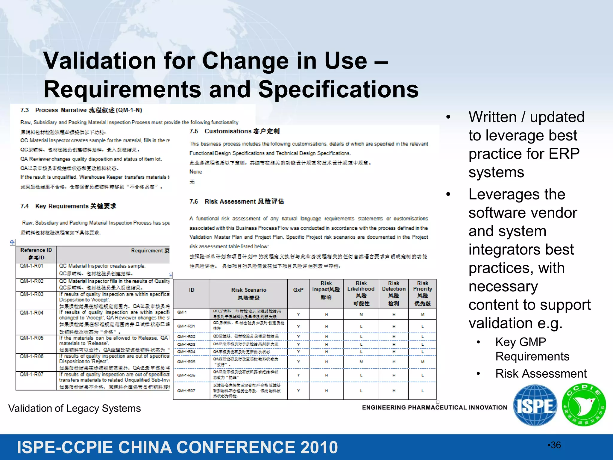 ISPE-CCPIE CHINA CONFERENCE 2010
Validation for Change in Use –
Requirements and Specifications
• Written / updated
to leverage best
practice for ERP
systems
• Leverages the
software vendor
and system
integrators best
practices, with
necessary
content to support
validation e.g.
• Key GMP
Requirements
• Risk Assessment
Validation of Legacy Systems
•36
 