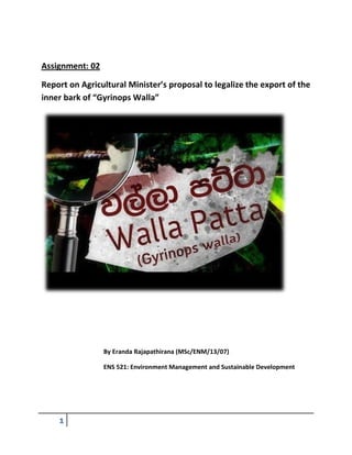 1
Assignment: 02
Report on Agricultural Minister’s proposal to legalize the export of the
inner bark of “Gyrinops Walla”
By Eranda Rajapathirana (MSc/ENM/13/07)
ENS 521: Environment Management and Sustainable Development
 