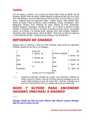 CARGA:
Lerí de Ayapa y corazón, Lerí y Elese de Akuaro Meji, Polvo de Marfil, Sal de
Acedera, Azufre, Polvo de Ruda, Carbón Mineral, Cocipital de Abó, Obi, Eru, Kola,
Aíra, Obi Motiwao. Si es de Obini lleva el Picha de Abó, Si es de Okuni no se le
pone. Además lleva los siguientes Palos: Akana, Alamo, Palo Alcanfor Bija,
Cairol, de Costa, Caña de Azúcar, Cedro, Cordoban, Corojo, Framboyan, Jobo,
Miraguano, Paraiso, Pino, Platanillo de Cuba, Plátano de Freír, Kimbombó,
Rompe Saraguey, Siguaraya, Tomate de Mar. Si es Okuni la semilla se echa
hembra, y viceversa; es decir si es Obini, la semilla se echa macho. (La semilla
macho va al fondo, y la hembra flota). Además lleva Palo Amargo, Caballero,
Cachimba, Caja, Rompe Hueso, Polvo de Marfil. Todo esto se sella con esperma
y cuero (Aboreo) de Abó. Come junto con Shango y vive al lado de el.

REFUERZO DE SHANGO
Shango para su refuerzo y tener su Ado completo, debe tener las siguientes
Atributos, aparte de sus Ota´s y su Diloggun.


León

León

Ayapa

Guacalotes

Nota:

6 Odu Ara
2 Garras de


Omolorun Cargado

Tigre
1 Colmillo de

Tigre
1 Corona de

Gorila
12

Buey
12 Ota´s Fun Fun Pequeñas

1

Eja

2 Garras de
1 Colmillo de
1 Garra de
12 Ojos de

Cuando se trata del Shango de un Awó, se le adicionan 2 Manos de
Ikines, Una de 21 Ikines, y otra de 19 Ikines; que se consagran y por las
cuales habla Shango en caso de comer Abó. Además a Shango se le
pone una Vaina de Pica Pica y un pedazo de Ayua para reforzarlo.

REZO Y SUYERE PARA ENCENDER
AKAINAS (MECHAS) A SHANGO
Rezo:

Shango Aloide Ina Ere Ina Larin Olorun Oto Olorun Lawara Shango,
Oya Pe Lorun Latinu Ina Ina

Revisado y Transcrito por Awó Oggunda Bara

 