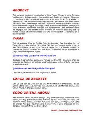 ABOKEYE
Esta es la hija de Aboku, es natural de la tierra Yasan. Vive en la loma. Su collar
es blanco con 8 glorias azules. Come Addié Mejí, Eyelé, Ishu ó Giuin. Tiene dos
(2) espíritus ó sombras que la acompañan y se llama Aboku Sore, Aboku, lo
representan ó son espíritus astrales, pues Aboseyo son medios, es como sombras
de Abeku. Los Omo Abokeye y los Omo Aboku son medios portantes ó videntes.
Ellos acompañan a Eggun Ni Shangp, o sea, el caballo que emplea Shango para
viajar a la tierra. Abokeye se consagra ó se representa en Oshe de madera echo
de Bibijagua, con una cabeza central esculpida en forma de cadáver y dos (2)
ramas oblicuas laterales rematadas cada una cabeza central. La carga va en la
cabeza central.

CARGA:
Raíz de Atiponla, Raíz de Cardón, Raíz de Algarrobo, Ewe Dun Dun, Lerí de
Eyelé, Gbogbo Ileke, Lerí de Eja, Lerí de Eku, Lerí de Eggun Mokekere, Igbin de
Aye Okun (Babosa de Mar), Igbin Corriente, Agua, Fango, y una Ota de orilla de
una laguna, Pelusas de Ikines, Eru, Obi, Kola, Obi Motiwao, y Aíra. Cuando se le
carga se canta el siguiente suyere:

Osuani Iku Yebe Oun Lebe Keyibe Ifa Iku Laye
Despues de cargado hay que hacerle Paraldo con Osaddié. Se entierra al pié de
una mata de Cardón, y ahí se le da una Eyelé después se lava el Oshe y se canta
el siguiente suyere:

Iyami Umbo Iye Kombo Aye Moforibale Iyami
Después se hace Ebbo, eso vive colgado en la Pared.

CARGA DE ABOKETE
Lerí Eja Oro, Lerí de Eyelé, Lerí de Eku, Modun Modun de Omokekere, Raíz de
Carbo, Ebano Carbonero, Polvo de Ikin, Eru, Obi, Kola, Obi Motiwao, Osun, Anun,
Lerí de Akuko de Shango, Tierra de Loma.

SODO ORISHA ABOKU
Este Santo se hace a través de Shango. Hay que hacer varias ceremonias como
primer paso hay que llevar al Iyawo a la orilla del mar con Akuko, una Teja, Una
Jícara de Amala con Ila, Asho Fun Fun, Asho Dun Dun, Asho Pupua, y un Oshe
de Shango. Hay que llevar al Iyawo a un arrecife, se pone el pedazo de teja,
donde se hace esta firma con Osun y Efun.
Revisado y Transcrito por Awó Oggunda Bara

 