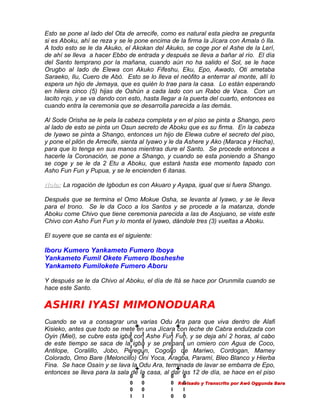 Esto se pone al lado del Ota de arrecife, como es natural esta piedra se pregunta
si es Aboku, ahí se reza y se le pone encima de la firma la Jícara con Amala ó Ila.
A todo esto se le da Akuko, el Akokan del Akuko, se coge por el Ashe de la Lerí,
de ahí se lleva a hacer Ebbo de entrada y después se lleva a bañar al río. El día
del Santo temprano por la mañana, cuando aún no ha salido el Sol, se le hace
Orugbo al lado de Elewa con Akuko Fifeshu, Eku, Epo, Awado, Oti ametaba
Saraeko, Ilu, Cuero de Abó. Esto se lo lleva el neófito a enterrar al monte, allí lo
espera un hijo de Jemaya, que es quién lo trae para la casa. Lo están esperando
en hilera cinco (5) hijas de Oshún a cada lado con un Rabo de Vaca. Con un
lacito rojo, y se va dando con esto, hasta llegar a la puerta del cuarto, entonces es
cuando entra la ceremonia que se desarrolla parecida a las demás.
Al Sode Orisha se le pela la cabeza completa y en el piso se pinta a Shango, pero
al lado de esto se pinta un Osun secreto de Aboku que es su firma. En la cabeza
de Iyawo se pinta a Shango, entonces un hijo de Elewa cubre el secreto del piso,
y pone el pilón de Arrecife, sienta al Iyawo y le da Ashere y Ako (Maraca y Hacha),
para que lo tenga en sus manos mientras dure el Santo. Se procede entonces a
hacerle la Coronación, se pone a Shango, y cuando se esta poniendo a Shango
se coge y se le da 2 Etu a Aboku, que estará hasta ese momento tapado con
Asho Fun Fun y Pupua, y se le encienden 6 itanas.
Nota: La rogación de Igbodun es con Akuaro y Ayapa, igual que si fuera Shango.
Después que se termina el Omo Mokue Osha, se levanta al Iyawo, y se le lleva
para el trono. Se le da Coco a los Santos y se procede a la matanza, donde
Aboku come Chivo que tiene ceremonia parecida a las de Asojuano, se viste este
Chivo con Asho Fun Fun y lo monta el Iyawo, dándole tres (3) vueltas a Aboku.
El suyere que se canta es el siguiente:

Iboru Kumero Yankameto Fumero Iboya
Yankameto Fumil Okete Fumero Ibosheshe
Yankameto Fumilokete Fumero Aboru
Y después se le da Chivo al Aboku, el día de Itá se hace por Orunmila cuando se
hace este Santo.

ASHIRI IYASI MIMONODUARA
Cuando se va a consagrar una varias Odu Ara para que viva dentro de Alafi
Kisieko, antes que todo se mete + una Jícara + leche de Cabra endulzada con
en
con
I
I
I
Oyin (Miel), se cubre esta igbaI con Ashe Fun Fun, y se deja ahí 2 horas, al cabo
0
I
I
I
de este tiempo se saca de la igba y se prepara un omiero con Agua de Coco,
I
I
I
I
Antilope, Coralillo, Jobo, Peregun, Cogollo de Mariwo, Cordogan, Mamey
I
I
I
I
Colorado, Omo Bare (Meloncillo) Oni Yoca, Aragba, Paramí, Bleo Blanco y Hierba
Fina. Se hace Osaín y se lava la Odu Ara, terminada de lavar se embarra de Epo,
+
+
entonces se lleva para la sala de la casa, al dar las 12 de día, se hace en el piso
0
0
0
I

0
0
0
I

0
0
0 Revisado y Transcrito por Awó Oggunda Bara
0
I
I
0
0

 