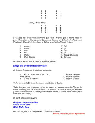 I
I
I
I

I
I
I
I

0
0
0
0

0
0
0
0

0
0
0
0

I
0
0
I

En la parte de Abajo:
I
0
I
0

I
0
I
0

Su Afuebó es: se le echa del mismo que a Iyá. Al igual que al Italero no se le
pone Caracoles ni Glorias, sino Guacalotes Punzó, un Colmillo de Perro, una
Pelotica de Efun,. Se le inserta en la Bolsita una Ikoidie (Pluma) de Loro.
1.
2.
3.
4.
5.
6.

Akuko
Akuaro
Itana
Obi
Platos
Paño Blanco

7.
8.
9.
10.
11.
12.

Ekú
Ejá
Efún
Orí
Dos (2) Cazuelas
Derecho.

Se mata el Akuko, y se le canta el siguiente suyere:

Ebayo Mio Okoma Obatala Onilese
Se le echa Eyebale, en la siguiente secuencia:
1.
En la Jícara con Oyin, Oti,
Atare y Ewe
2.
Sobre el Tambor

3. Sobre el Odu Ara
4. Sobre el Tablero
5. Sobre la Careta

Todos prueban la Eyebale del Akuko, chupándole el Cuello.
Todas las personas presentes deben ser rayados con una cruz de Efun en la
frente, manos y pies. Además al jurado Lili en cada Cachete. Este sigue vendado
y con Sabana le quitan la venda y todos beben omiero y sangre en la Jícara. (Una
comunión de Sangre).
Se canta el siguiente suyere:

Gbogbo Lowo Mofin Kare
Elewa Mofin Kare
Ofula Mofin Kare
Los días del jurado se ruega la Lerí con el mismo Padrino.
Revisado y Transcrito por Awó Oggunda Bara

 