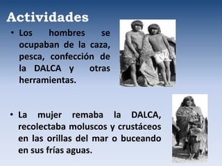 Actividades
• Los hombres se
ocupaban de la caza,
pesca, confección de
la DALCA y otras
herramientas.
• La mujer remaba la DALCA,
recolectaba moluscos y crustáceos
en las orillas del mar o buceando
en sus frías aguas.