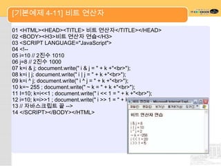 [기본예제 4-11] 비트 연산자

01 <HTML><HEAD><TITLE> 비트 연산자</TITLE></HEAD>
02 <BODY><H3>비트 연산자 연습</H3>
03 <SCRIPT LANGUAGE="JavaScript">
04 <!--
05 i=10 // 2진수 1010
06 j=8 // 2진수 1000
07 k=i & j; document.write(" i & j = " + k +"<br>");
08 k=i | j; document.write(" i | j = " + k +"<br>");
09 k=i ^ j; document.write(" i ^ j = " + k +"<br>");
10 k=~ 255 ; document.write(" ~ k = " + k +"<br>");
11 I=10; k=i<<1 ; document.write(" i << 1 = " + k +"<br>");
12 i=10; k=i>>1 ; document.write(" i >> 1 = " + k +"<br>");
13 // 자바스크립트 끝 -->
14 </SCRIPT></BODY></HTML>
 
