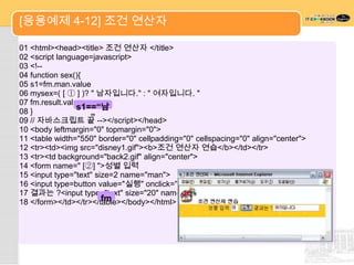 [응용예제 4-12] 조건 연산자

01 <html><head><title> 조건 연산자 </title>
02 <script language=javascript>
03 <!--
04 function sex(){
05 s1=fm.man.value
06 mysex=( [ ① ] )? " 남자입니다." : " 여자입니다. "
07 fm.result.value=mysex
08 }
                 s1==“남
                    ”
09 // 자바스크립트 끝 --></script></head>
10 <body leftmargin="0" topmargin="0">
11 <table width="550" border="0" cellpadding="0" cellspacing="0" align="center">
12 <tr><td><img src="disney1.gif"><b>조건 연산자 연습</b></td></tr>
13 <tr><td background="back2.gif" align="center">
14 <form name=" [②] ">성별 입력
15 <input type="text" size=2 name="man">
16 <input type=button value="실행" onclick=" [ ③ ] ">
17 결과는 ?<input type="text" size="20" name="result">
                        fm
18 </form></td></tr></table></body></html>

                                                   sex()
 