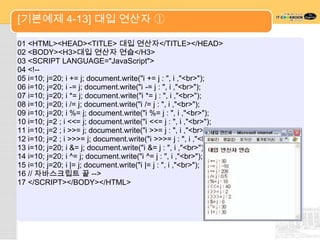 [기본예제 4-13] 대입 연산자 ①

01 <HTML><HEAD><TITLE> 대입 연산자</TITLE></HEAD>
02 <BODY><H3>대입 연산자 연습</H3>
03 <SCRIPT LANGUAGE="JavaScript">
04 <!--
05 i=10; j=20; i += j; document.write("i += j : ", i ,"<br>");
06 i=10; j=20; i -= j; document.write("i -= j : ", i ,"<br>");
07 i=10; j=20; i *= j; document.write("i *= j : ", i ,"<br>");
08 i=10; j=20; i /= j; document.write("i /= j : ", i ,"<br>");
09 i=10; j=20; i %= j; document.write("i %= j : ", i ,"<br>");
10 i=10; j=2 ; i <<= j; document.write("i <<= j : ", i ,"<br>");
11 i=10; j=2 ; i >>= j; document.write("i >>= j : ", i ,"<br>");
12 i=10; j=2 ; i >>>= j; document.write("i >>>= j : ", i ,"<br>");
13 i=10; j=20; i &= j; document.write("i &= j : ", i ,"<br>");
14 i=10; j=20; i ^= j; document.write("i ^= j : ", i ,"<br>");
15 i=10; j=20; i |= j; document.write("i |= j : ", i ,"<br>");
16 // 자바스크립트 끝 -->
17 </SCRIPT></BODY></HTML>
 