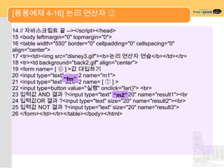 [응용예제 4-16] 논리 연산자 ②

14 // 자바스크립트 끝 --></script></head>
15 <body leftmargin="0" topmargin="0">
16 <table width="550" border="0" cellpadding="0" cellspacing="0"
align="center">
17 <tr><td><img src="disney3.gif"><b>논리 연산자 연습</b></td></tr>
18 <tr><td background="back2.gif" align="center">
19 <form name= [ ⑥ ] >값 대입하기
20 <input type="text" size=2 name="m1">
21 <input type="text"“fm” name= [ ⑦ ] >
                      size=2
22 <input type=button value="실행" onclick="lar()"> <br>
23 입력값 AND 결과 ?<input type="text" size="20" name="result1"><br
                                        “m2”
24 입력값OR 결과 ?<input type="text" size="20" name="result2"><br>
25 입력값 NOT 결과 ?<input type="text" size="20" name="result3">
26 </form></td></tr></table></body></html>
 