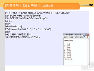 [기본예제 4-23] 반복문 ③_while문

01 <HTML> <HEAD><TITLE> while 연산자</TITLE></HEAD>
02 <BODY><H3> while 연습</H3>
03 <SCRIPT LANGUAGE="JavaScript">
04 <!--
05 i=1;
06 while (i<11) {
07 document.write(i, " + ", i ," = ", i+i, "<br>");
08 i++;
09 } // 자바스크립트 끝 -->
10 </SCRIPT></BODY></HTML>
 