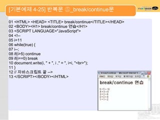 [기본예제 4-25] 반복문 ⑤_break/continue문

01 <HTML> <HEAD> <TITLE> break/continue</TITLE></HEAD>
02 <BODY><H1> break/continue 연습</H1>
03 <SCRIPT LANGUAGE="JavaScript">
04 <!--
05 i=11
06 while(true) {
07 i--;
08 if(i>5) continue
09 if(i==0) break
10 document.write(i, " + ", i ," = ", i+i, "<br>");
11 }
12 // 자바스크립트 끝 -->
13 </SCRIPT></BODY></HTML>
 