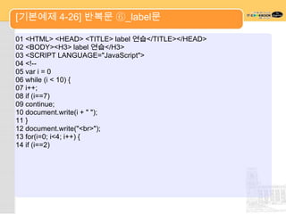 [기본예제 4-26] 반복문 ⑥_label문

01 <HTML> <HEAD> <TITLE> label 연습</TITLE></HEAD>
02 <BODY><H3> label 연습</H3>
03 <SCRIPT LANGUAGE="JavaScript">
04 <!--
05 var i = 0
06 while (i < 10) {
07 i++;
08 if (i==7)
09 continue;
10 document.write(i + " ");
11 }
12 document.write("<br>");
13 for(i=0; i<4; i++) {
14 if (i==2)
 