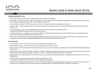 107
Works Cited in Main Deck (4/15)
PROBLEM ASSESSMENT CONT’D
• “RSBY: Rashtriya Swasthya Bima Yojna.” Accessed May 4, 2013. http://www.rsby.gov.in/.
• Smith, Peggie. “The Pitfalls of Home: Protecting the Health and Safety of Paid Domestics.” Canadian Journal of Women & the Law Washington University 
in St. Louis Legal Studies Research Paper No. 11–03–03 (March 1, 2011): 40.
• “Statistical Picture | WIEGO.” WIEGO. Accessed May 1, 2013. http://wiego.org/informal‐economy/statistical‐picture.
• Taswell, K. 2001. “Using household surveys to collect basic information on occupational injuries.” Asian‐Pacific Newsletter on Occupational Health and 
Safety, 8:34‐37. 
• “Universal Coverage Scheme | Joint Learning Network for Universal Health Coverage.” Accessed May 4, 2013. 
http://jointlearningnetwork.org/content/universal‐coverage‐scheme.
• van Niftrik, M., Reijnierse, J., Bogaard, A. and Lumens, M. (2003) ‘Occupational health and safety in the urban informal economy in Delft, South Africa’ 
African Newsletter on Occupational Health and Safety 13:13‐15 
• Vanek, Joann, and Martha Chen. Women and Men in the Informal Economy: A Statistical Picture. International Labour Organization and WIEGO, 2012. 
http://www.ilo.org/dyn/infoecon/docs/441/F596332090/women%20and%20men%20stat%20picture.pdf.
SCALE AND SCOPE
• Asian Development Bank, Informal Sector and Informal Employment in Bangladesh, 2010
• Asian Development Bank, The Informal Sector and Informal Employment in Indonesia, 2010 
• Jacques Charmes, On Measuring Place of Work, Working paper, January 1, 2002, http://www.ilo.org/global/statistics‐and‐databases/WCMS_087887/lang‐
‐en/index.htm.
• Domestic Workers Across the World: Global and Regional Statistics and the Extent of Legal Protection (Geneva: International Labour Office, January 2013), 
http://www.ilo.org/wcmsp5/groups/public/‐‐‐dgreports/‐‐‐dcomm/‐‐‐publ/documents/publication/wcms_173363.pdf.
• Kalpana Hiralal, “The ‘Invisible’ Workers of the Informal Economy–A Case Study of Home‐based Workers in Kwazulu/Natal, South Africa,” J Soc Sci 23, no. 
1 (2010): 29–37. 
• “Is Informal Normal? Messages, Figures and Data.” OECD. Accessed May 1, 2013. 
http://www.oecd.org/dev/poverty/isinformalnormalmessagesfiguresanddata.htm.
• International Labor Organization and Women in Informal Employment: Globalizing and Organizing. (2012). Women and men in the informal economy ‐ A 
statistical picture. [Data file]. Retrieved from http://www.ilo.org/global/statistics‐and‐databases/WCMS_179795/lang‐‐en/index.htm.
 