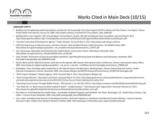 113
Works Cited in Main Deck (10/15)
LANDSCAPE CONT’D
• Building and strengthening health and wellness activities for the Sustainable Tree Crops Program (STCP) in Ghana and Côte d’Ivoire. Final Report. Ghana: 
Family Health International, January 30, 2009. http://www.candyusa.com/files/FHI_Final_Report_Sept_2008.pdf.
• Building Better Lives Together: 2011 Annual Report. Annual Report. Seattle, WA: Bill and Melinda Gates Foundation. Accessed May 9, 2013. 
http://www.gatesfoundation.org/~/media/gfo/documents/annual%20reports/2011gates%20foundation%20annual%20report.pdf.
• “Canadian International Development Agency.” Project Browser. Accessed May 9, 2013. http://www.acdi‐cida.gc.ca/home.
• CGAP Working Group on Microinsurance, and Denis Garand. Good and Bad Practices in Microinsurance. VimoSEWA (India), 2005. 
http://www.ilo.org/wcmsp5/groups/public/‐‐‐ed_emp/documents/publication/wcms_122472.pdf.
• Cho, Yoonyoung. Informality and Protection from Health Shocks: Lessons from Yemen. World Bank, December 2010. 
http://www.iza.org/conference_files/worldb2011/cho_y2150.pdf.
• Clark, Phoebe. Assessment of Social Accountability Standards: Light Manufacturing Small and Medium‐sized Enterprises, November 2007. 
http://pdf.usaid.gov/pdf_docs/PNADP612.pdf.
• Decent Work and the Informal Economy: Sixth Item on the Agenda. 90th Session International Labour Conference. Geneva: International Labour Office, 
2002. http://www.ilo.org/wcmsp5/groups/public/‐‐‐ed_norm/‐‐‐relconf/‐‐‐reloff/documents/meetingdocument/wcms_078849.pdf.
• Deshingkar, Priya. Extending Labour Inspections to the Informal Sector and Agriculture. Working Paper. Chronic Poverty Research Centre. London: 
Overseas Development Institute, November 2009. http://www.dfid.gov.uk/r4d/PDF/Outputs/ChronicPoverty_RC/WP154‐Deshingkar.pdf.
• “DFID Projects Database.” Bilateral Agency. DFID. Accessed May 9, 2013. http://projects.dfid.gov.uk/.
• “Dutch Foreign Ministry.” Documents and Grants. Accessed March 13, 2013. http://www.government.nl/issues/development‐cooperation/documents‐
and‐publications/parliamentary‐documents/2012/01/12/new‐focus‐of‐dutch‐development‐policy.html.
• “Educating Cocoa Farmers Through Mobile Phones.” NCA Journal 1, no. Fall 2011 (2011). http://www.candyusa.com/files/NCAJSustainabilityHershey.pdf.
• “Fact Sheet No. 11: Work Insecurity Work‐related Ill Health ‐ a Global Sickness.” International Labor Organization. Accessed February 13, 2013. 
http://www.ilo.org/public/english/protection/secsoc/downloads/stat/ses/docs/sheet_no11.pdf.
• Fact Sheet on Youth Reproductive Health Policy ‐ Sustainable Livelihood Programs and HIV/AIDS. Fact Sheet. Washington, DC: Health Policy Initiative, Task 
Order 1, Futures Group, November 2009. http://pdf.usaid.gov/pdf_docs/PNADR399.pdf.
• Frye, Isobel. Extending Social Security to Developing Countries: Particular Emphasis on Healthcare and Informal Economy Workers. Literature Review. 
Discussion Paper. Global Union Research Network, October 2005. http://www.gurn.info/en/discussion‐papers/healthcare05.pdf.
 