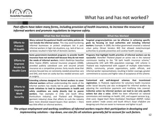 12
Past efforts have taken many forms, including provision of health insurance, to increase the resources of 
informal workers and promote regulations to improve safety. 
What has and has not worked? 
Some government‐mandated programs to provide health
insurance have not worked well because they do not meet
the needs of informal workers. India’s Rashtriya Swasthya
Bima Yojana (RSBY), national insurance program (2008),
provided publicly subsidized care and secured private
insurance via a competitive process. Early results show that
services focused less on commonly needed preventive care
and OHS, and more on costly but less needed services such
as surgery.
What Has WorkedWhat Has Not Worked
Efforts to 
Improve 
Work 
Security
Efforts to
Prevent
Ill Health
Many national Occupational Health and Safety policies do
not include the informal sector. This may avoid burdening
informal businesses or protect employers but it puts
informal workers in high‐risk situations, e.g., lack of bars on
windows resulted in fatal falls of domestic workers.
Extending schemes designed for formal workers to cover
informal workers without understanding the needs of the
informal workers has mostly led to poor uptake. Ethical
trade initiatives to lead to improvements in health and
safety conditions are rarely directly tied to poorer
workers. Two examples in Chile and South Africa
(horticulture industry), and Thailand and Philippines
(garment industry) show that efforts to curb the industry
were more directed toward buyers than workers – there
was little effect on informal workers.
Customized and well‐designed schemes that incentivized
registration. In Thailand, registration for voluntary health insurance
under Social Security Law was re‐designed for informal workers by
adjusting the contribution payments and modifying risks covered.
Collective action by informal workers can lead to not only specific
actions but also a voice. SEWA has been influential on national
commissions and meetings on health, UHC, and support services (e.g.,
child care). Kagad Kach Patra Kashtakari Panchayat (KKPKP, Indian
waste pickers’ trade union) and South Africa’s Asiye eTafuleni are
designing carts that are easier to maneuver and lighter to pull.
Efforts to 
Improve 
Access to 
Health Care                                     
Targeted programs/policies can be effective in achieving specific
goals by focusing on local authorities and including informal
workers. Example: In 2009, the Indian government enacted a national
urban policy (Street Vendors Bill) that allowed state/municipal
authorities to provide preventive and curative health coverage.
Programs that highlight health priorities of informal workers can be
successful. HomeNet Thailand played an active role in the national
commission leading to the “30 baht health insurance scheme,”
subsequently UHC with 99% population coverage. UHC scheme in
Thailand was implemented with support of multiple stake‐holders
(NGOs, community, private organizations, public officials, and
informal worker representatives), resulting in better coverage, greater
commitment to success and higher rates of acceptance of the scheme.
The unique employment and working conditions of informal workers require their participation in developing and 
implementing solutions – top‐down, one‐size‐fits all solutions generally fail to account for such factors. 
 