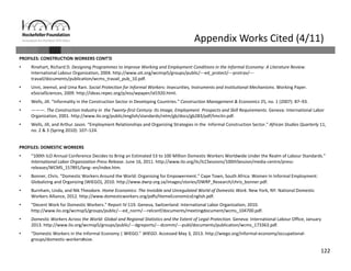 122
Appendix Works Cited (4/11)
PROFILES: CONSTRUCTION WORKERS CONT’D
• Rinehart, Richard D. Designing Programmes to Improve Working and Employment Conditions in the Informal Economy: A Literature Review. 
International Labour Organization, 2004. http://www.oit.org/wcmsp5/groups/public/‐‐‐ed_protect/‐‐‐protrav/‐‐‐
travail/documents/publication/wcms_travail_pub_10.pdf.
• Unni, Jeemol, and Uma Rani. Social Protection for Informal Workers: Insecurities, Instruments and Institutional Mechanisms. Working Paper. 
eSocialSciences, 2009. http://ideas.repec.org/p/ess/wpaper/id1920.html.
• Wells, Jill. “Informality in the Construction Sector in Developing Countries.” Construction Management & Economics 25, no. 1 (2007): 87–93.
• ———. The Construction Industry in the Twenty‐first Century: Its Image, Employment Prospects and Skill Requirements. Geneva: International Labor 
Organization, 2001. http://www.ilo.org/public/english/standards/relm/gb/docs/gb283/pdf/tmcitn.pdf.
• Wells, Jill, and Arthur Jason. “Employment Relationships and Organizing Strategies in the Informal Construction Sector.” African Studies Quarterly 11, 
no. 2 & 3 (Spring 2010): 107–124.
PROFILES: DOMESTIC WORKERS
• “100th ILO Annual Conference Decides to Bring an Estimated 53 to 100 Million Domestic Workers Worldwide Under the Realm of Labour Standards.” 
International Labor Organization Press Release. June 16, 2011. http://www.ilo.org/ilc/ILCSessions/100thSession/media‐centre/press‐
releases/WCMS_157891/lang‐‐en/index.htm.
• Bonner, Chris. “Domestic Workers Around the World: Organising for Empowerment.” Cape Town, South Africa: Women In Informal Employment: 
Globalizing and Organizing (WIEGO), 2010. http://www.dwrp.org.za/images/stories/DWRP_Research/chris_bonner.pdf.
• Burnham, Linda, and Nik Theodore. Home Economics: The Invisible and Unregulated World of Domestic Work. New York, NY: National Domestic 
Workers Alliance, 2012. http://www.domesticworkers.org/pdfs/HomeEconomicsEnglish.pdf.
• “Decent Work for Domestic Workers.” Report IV:119. Geneva, Switzerland: International Labor Organization, 2010. 
http://www.ilo.org/wcmsp5/groups/public/‐‐‐ed_norm/‐‐‐relconf/documents/meetingdocument/wcms_104700.pdf.
• Domestic Workers Across the World: Global and Regional Statistics and the Extent of Legal Protection. Geneva: International Labour Office, January 
2013. http://www.ilo.org/wcmsp5/groups/public/‐‐‐dgreports/‐‐‐dcomm/‐‐‐publ/documents/publication/wcms_173363.pdf.
• “Domestic Workers in the Informal Economy | WIEGO.” WIEGO. Accessed May 3, 2013. http://wiego.org/informal‐economy/occupational‐
groups/domestic‐workers#size.
 