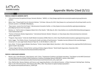 123
Appendix Works Cited (5/11)
PROFILES: DOMESTIC WORKERS CONT’D
• “Informal Economy Occupational Groups: Domestic Workers.” WIEGO, n.d. http://wiego.org/informal‐economy/occupational‐groups/domestic‐
workers.
• Mkize, Vuyo. “Cheap Health Care for Domestic Workers.” IOL News. February 26, 2013. http://www.iol.co.za/news/south‐africa/cheap‐health‐care‐for‐
domestic‐workers‐1.1476918#.UYBow6kpvIq.
• “Naya Jeevan‐ Lessons from the Project.” Microinsurance Innovation Facility, n.d. http://www.microinsurancefacility.org/en/grantee/ig/naya‐
jeevan#group‐lessons‐from‐the‐project.
• Neisloss, Liz. “Call for Action as Singapore Maids Fall to Their Deaths.” CNN, May 24, 2012. http://edition.cnn.com/2012/05/23/world/asia/singapore‐
maids‐deaths/index.html.
• “Partners of Domestic Worker Organizations.” International Domestic Workers’ Network, n.d. http://www.idwn.info/content/partners‐domestic‐
worker‐organizations.
• “Programs‐ Naya Jeevan.” Center for Health Market Innovations (CHMI), March 15, 2013. http://healthmarketinnovations.org/program/naya‐jeevan.
• Smith, Peggie. “The Pitfalls of Home: Protecting the Health and Safety of Paid Domestics.” Canadian Journal of Women & the Law Washington 
University in St. Louis Legal Studies Research Paper No. 11–03–03 (March 1, 2011): 40.
• Varia, Nisha. “A Victory Against Modern Day Slavery.” Article. Human Rights Watch, December 1, 2012. http://www.hrw.org/news/2012/12/01/victory‐
against‐modern‐day‐slavery.
• “Violence Against Women‐ Intimate Partner and Sexual Violence Against Women.” World Health Organization, November 2012. 
http://www.who.int/mediacentre/factsheets/fs239/en/index.html.
PROFILES: HOME‐BASED WORKERS
• Benach, Joan, Carles Muntaner, Vilma Santana, and F. Chairs. “Employment Conditions and Health Inequalities.” Final Report to the WHO Commission 
on Social Determinants of Health (CSDH) Employment Conditions Knowledge Network (EMCONET). Geneva: WHO (2007). 
http://cdrwww.who.int/entity/social_determinants/resources/articles/emconet_who_report.pdf.
• Chen, Martha Alter, Renana Jhabvala, and Frances Lund. Supporting Workers in the Informal Economy : a Policy Framework. Working Paper. Working 
Paper on the Informal Economy. International Labor Office, 2002. http://www.ilo.org/wcmsp5/groups/public/‐‐‐
ed_emp/documents/publication/wcms_122055.pdf.
 